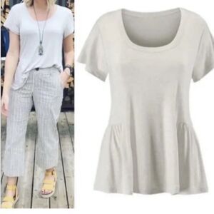 Cabi Hangout Tee Peplum Ruffle Oatmeal FLAW